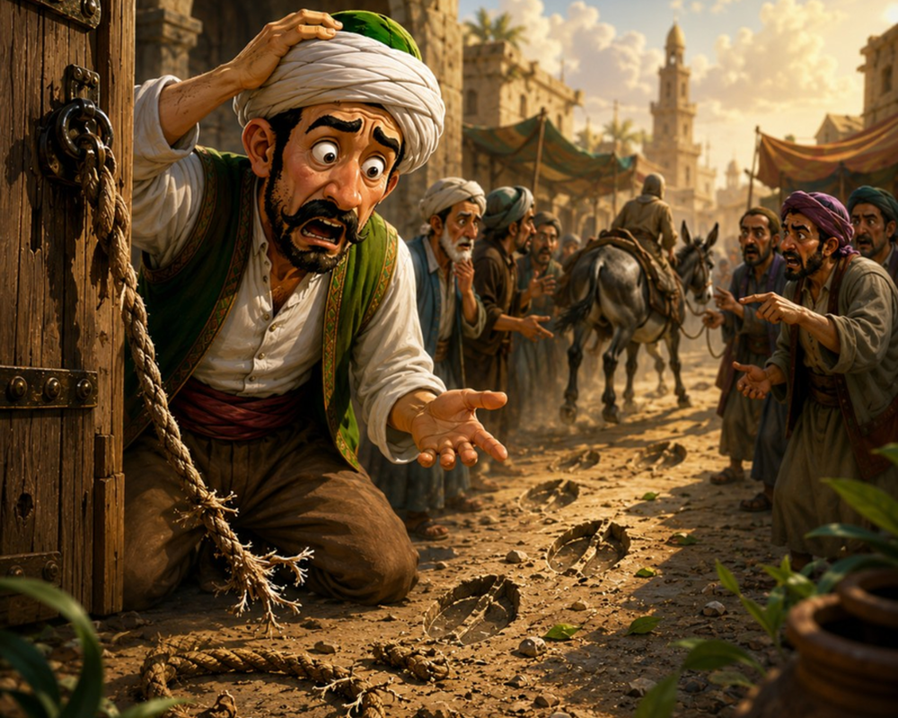 تاجر مندهش بجانب حبل مقطوع في سوق مشمس
