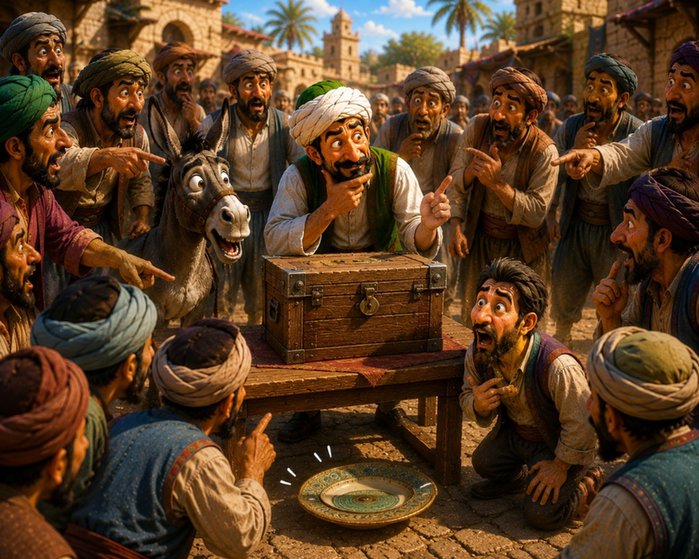 مشهد سوق مزدحم مع صندوق كنز وحمار مبتسم